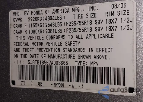 2007 Acura Rdx from USA, damaged, VIN 5J8TB18567A003665